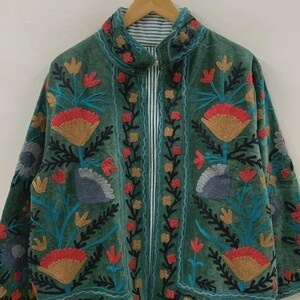 Floral Suzani Embroidered Velvet Jacket Womens Short <b>Coat</b> Boho Winter Wear Handmade Ethnic Jacket Wholesale Price - Product Image 4