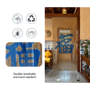 Traditional Vertical Bamboo Beaded Curtain Blue Fu Character Bohemian Style Blackout Sliding Window Use Eco-Friendly Durable - Product Image 5