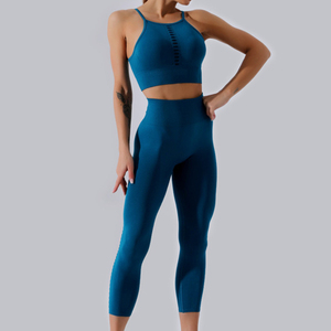 Women Neon Color Seamless Gym Fitness Yoga 2 Piece Clothing Active Wear Mesh Hollow Out Yoga Set Wholesale Yoga Set for Women - Product Image 3
