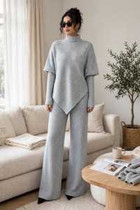 Conjunto de dos piezas para mujer: suéter gris de punto con cuello alto y pantalones anchos - Product Image 5