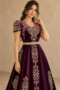 Wine Velvet Modest Maxi <b>Dress</b> Long Sleeve V Neck <b>Gold</b> Embroidery Plus Size Floor Length a Line Breathable <b>Party</b> Eid Muslim Gown - Product Image 3