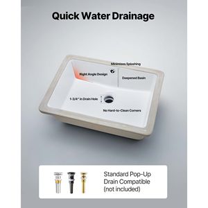 Lavabo Rettangolare Sottopiano in Ceramica Bianca 18.5 X 13.19 Pollici con Foro di Troppopieno, Design a Incasso Speciale per Lavabo - Product Image 5