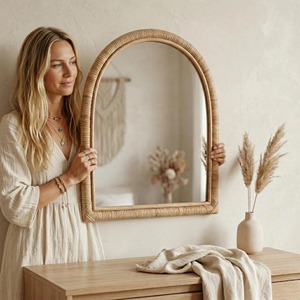 Boho Rattan <b>Table</b> <b>Mirror</b> Handmade Natural Fiber Frame <b>Vanity</b> Styling ideal For Organizing Beauty Space With Aesthetic Look - Product Image 4