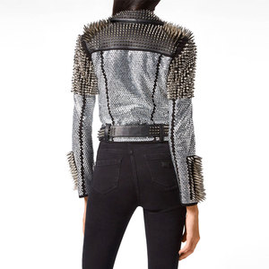 MAKUM INTERNATIONAL Women's Silver Studded Breathable Thick Lambskin <b>Leather</b> Motorcycle Jacket Zip up Turn Down Collar <b>Rivet</b> - Product Image 2