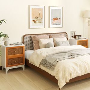 Comodino in Stile Boho con 2 Cassetti in Rattan Intrecciato a Mano e Manopole Dorate - Product Image 3