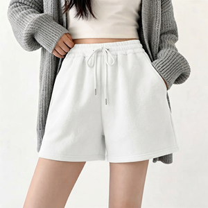 <b>Women's</b> <b>White</b> Solid Color Knitted Cotton <b>Shorts</b> High Waist Drawstring Elastic Casual Loose Fit With Pockets - Product Image 1