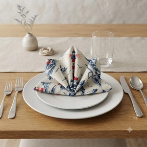Serviette de table en coton imprimé de qualité supérieure avec motif phare nautique – Serviette de table maritime côtière avec voiliers, ancres et mouettes - Product Image 2