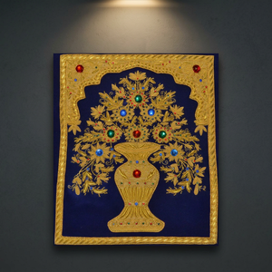 Custom Embroidered Sew-On Badge With Gold <b>Vase</b> And Floral Design On Navy Fabric For Decoration - Product Image 2