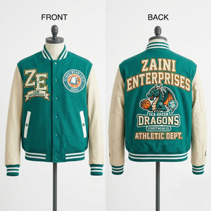 Premium 400 GSM Wool Blend <b>Men</b> Varsity <b>Jacket</b> Teal <b>Cream</b> Ribbed Panels Custom Chenille Embroidery Logo Streetwear Bomber Coat - Product Image 1