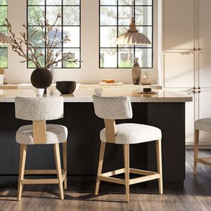Travertino Beige ciniglia imbottito sgabello da bancone Set da 2 Penny Design ad arco rotondo per i mobili della sala da pranzo - Product Image 1