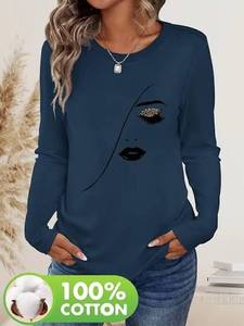 Camiseta de manga larga azul marino con estampado de ojos y labios, 100% algodón, top de moda para mujer, ropa de primavera y otoño, camisetas para mujer - Product Image 3