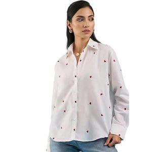 Chemise boutonnée tendance pour femme à motif cœur en rayonne, manches longues, longueur hanches, vêtement décontracté - Product Image 1