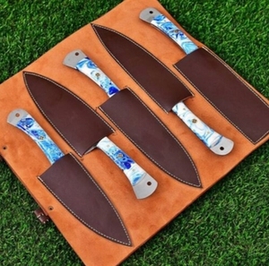 Handmade Damascus Steel 5-Piece Kitchen <b>Knife</b> Set Carbon Steel Blades Pure Leather Sheath Includes Chef's Cleaver <b>Steak</b> <b>Knife</b> - Product Image 4