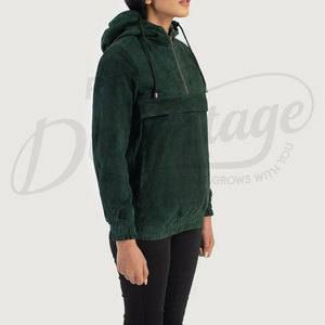 Women Emerald Green Genuine <b>Suede</b> Leather Anorak <b>Jacket</b> Hooded Pullover Slim Fit Premium Goat <b>Suede</b> Half-Zip Streetwear Hoodie - Product Image 4
