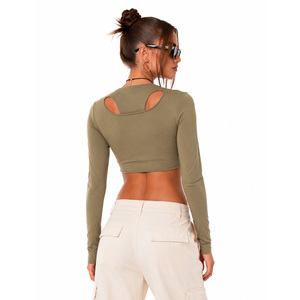 Chemisier court en maille vert olive à manches longues pour femme, coupe ajustée, orné de strass et logo personnalisé, idéal pour le printemps - Product Image 2