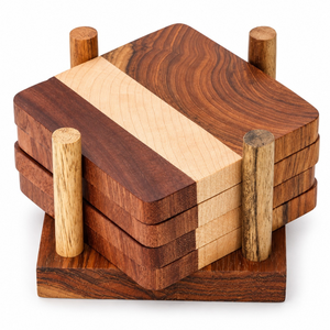 Mango Wood Acacia Wood Resin Coaster Set with Holder for <b>Coffee</b> Tea Drink <b>Table</b> Decor | Modern Handmade Wooden Coasters Gift Set - Product Image 1