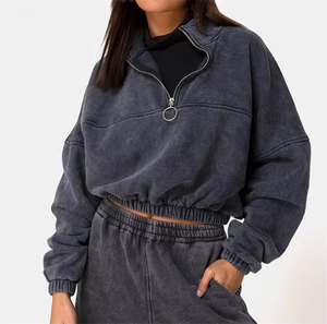 Sudadera con Capucha GEO BROTHERS Personalizada para Mujer, Estilo Casual de Otoño, para Gimnasio, de Algodón y Felpa, Lavado Ácido, con Cierre de Cremallera 1/4, 280g - Product Image 1