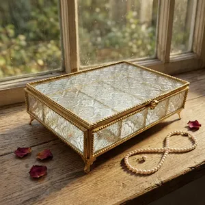 ARTISAN DESIGN Luxury Embossed Glass <b>Jewelry</b> Box Gold Metal Frame <b>Mirror</b> Decorative <b>Storage</b> Keepsake Box Vanity Organizer - Product Image 4