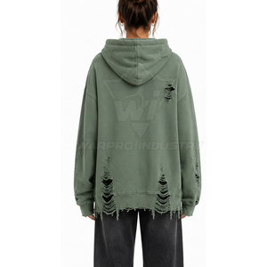 Washed Cotton Distressed Hoodies Women Relaxed Fit With Screen Print And Embroidery <b>Blank</b> Distressed Hoodies - Product Image 3
