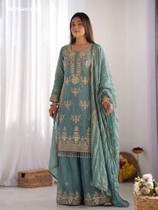 Top Quality Fancy Silk with Embroidery Beads-<b>Sequin</b> work & Fancy Border Suit-<b>Flared</b> Plazzo-Matching Dupatta Set Indian Supplier - Product Image 3