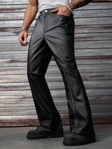 Pantalones de cuero negros acampanados para hombre con cremallera en el bajo, estilo motero, a la moda, para streetwear - Product Image 2