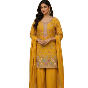 Salwar Kameez prêt-à-porter entièrement brodé en tissu de soie chinon Air Tex, taille unique, pour mariage / fête / événement. - Product Image 1