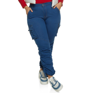 Plus Size Women's High Waist Blue Cargo <b>Jeans</b> Ankle-Length Loose Fit Casual Style With Pockets <b>Button</b> <b>Fly</b> Spandex Cotton - Product Image 5