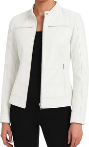 Veste Moto Femme Blanche en Fourrure d'Agneau Imperméable Style Café Racer Coupe Slim Col Montant Décontractée - Product Image 1