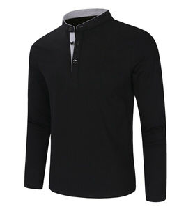 Men's Black Long Sleeve Polo <b>Shirt</b> Stand Collar 3 Button Placket Casual Slim Fit Cotton Blend Pullover <b>Shirt</b> Wholesale - Product Image 4