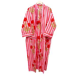Robe kimono longue en coton rayé pour femme avec motif floral, col en V, manches longues, fermeture à ceinture, séchage rapide, tenue décontractée d'été - Product Image 5