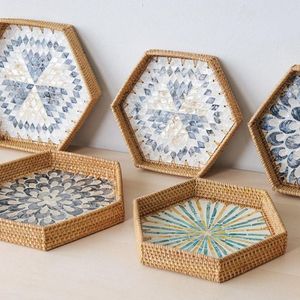 HOT SELLING BLUE LOTUS Premium Eco Friendly Rattan Mosaic <b>Tray</b> Handmade Wicker Decorative Serving <b>Basket</b> Commercial Grade - Product Image 3