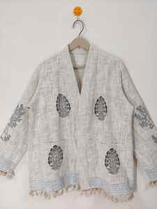 Chaqueta Bomber de Algodón con Estampado Artesanal, Reversible, Ecológica, con Estampado Floral Bohemio, Manga Corta, Dobladillo con Borlas, para Invierno - Product Image 5