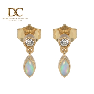 14KT Solid Yellow Gold Ethiopian <b>Opal</b> Drop <b>Earrings</b> with Lab Grown Diamond Bezel Studs Handmade IGI Fine Jewelry for Women - Product Image 1