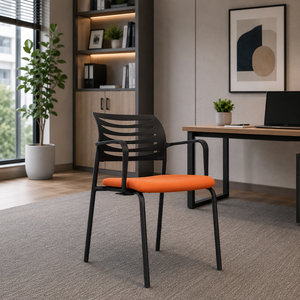 Chaise de bureau KINSHA, structure métallique, assise orange, accoudoirs fixes, dossier ouvert, design contemporain, empilable, mobilier commercial - Product Image 1