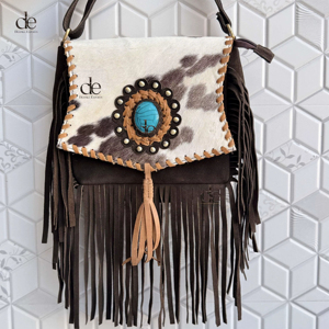 Nouveauté 2026 Sac à main bandoulière en cuir suédé à franges, style western avec fourrure de vache, orné de pierres, pour femme, design unique - Product Image 1