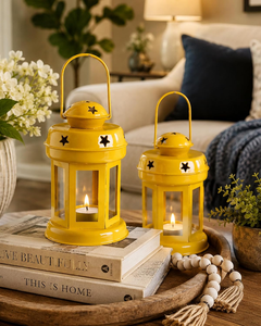Metal Hanging Lanterns with Set of 2 Yellow Star Cutout Design Glass Panels and Carry Handles Decorative <b>Tealight</b> <b>Candle</b> <b>Holders</b> - Product Image 2