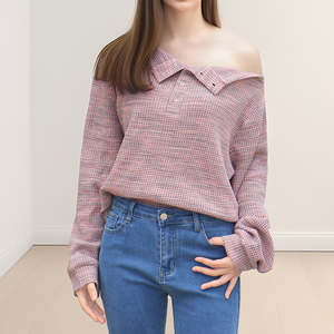 Haut en tricot pour femme à col Peter Pan, épaules dénudées, manches longues, design asymétrique, décontracté, automne, couleur unie, coton, fibre de bambou - Product Image 3