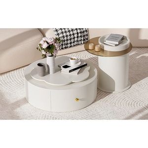 Set di 2 Tavolini da Caffè Moderni con Piano Girevole a 360 Gradi a Forma di Fiore, 2 Cassetti, Tavolino Laterale Circolare e Tavolino d'Appoggio - Product Image 4
