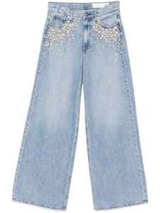 Jean en denim pour femme à taille haute, coupe droite, orné de strass et de cristaux sur les genoux, effet usé, pantalon de mode - Product Image 5