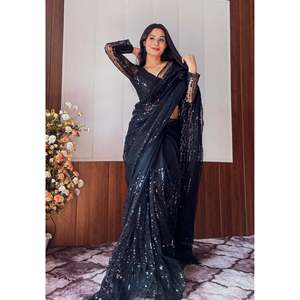 Impresionante Sari listo para usar con lentejuelas e hilo para vestidos de fiesta - Product Image 5