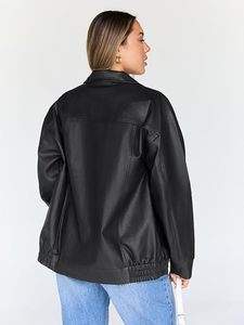 Chaqueta Bomber de Cuero PU Negra para Mujer con Cierre de Cremallera, Cuello Camisero, Manga Larga, Estilo Otoñal a Prueba de Viento - Product Image 5