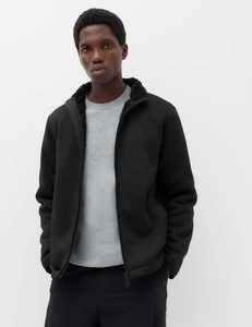 <b>Men's</b> Black <b>Fleece</b> <b>Jacket</b> Sherpa <b>Lined</b> Zipper Closure Casual Winter Outerwear Regular Fit Solid Color Knitted Polyester Shell - Product Image 1