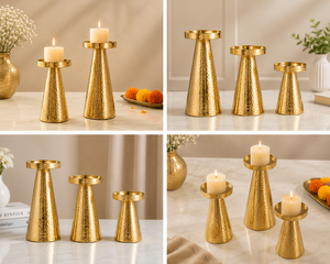 Juego de 3 Portavelas de Metal Dorado Hechos a Mano – Elegantes Portavelas de Pilar con Acabado Martillado, Centro de Mesa Decorativo - Product Image 3
