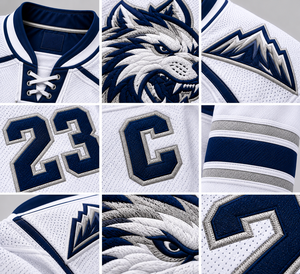 Camiseta de hockey sobre hielo blanca bordada para hombre, cuello en V, logotipo de lobo, equipo 23 C - Product Image 5
