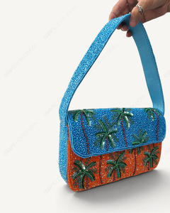 Bolso de Hombro Artesanal con Cuentas de Palmera, Diseño Tropical de Atardecer en la Playa, Azul y Naranja, Bolso de Mano para Resort, Venta al por Mayor, OEM, Marca Privada - Product Image 3