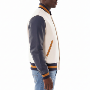Veste universitaire pour homme avec logo personnalisé, blanche et bleu marine, avec bordure orange, col rabattu, coupe classique, en PU, logo personnalisé sur le devant - Product Image 2