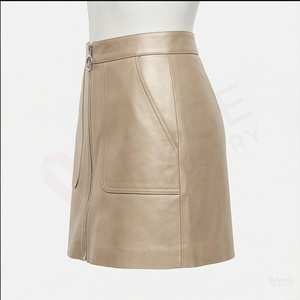Women's Beige <b>Faux</b> <b>Leather</b> Mini <b>Skirt</b> High Waist A-Line Zipper Moto <b>Skirt</b> - Product Image 3