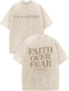 เสื้อยืดโอเวอร์ไซส์ลายกราฟิกพระเยซูสำหรับผู้ชาย Faith Over Fear - ผ้าฝ้าย 100% พิมพ์ลายดิจิทัล ล้างสีแบบ Acid Wash - Product Image 1