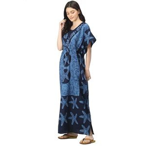Robe longue imprimée pour femmes, coupe ample, col rond, manches courtes, viscose et coton, vêtements d'été, motif étoile de mer bleue - Product Image 1
