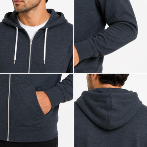 Sudadera con capucha y cremallera completa personalizada para hombre, de algodón polar color gris carbón, lisa, en blanco, al por mayor, OEM, para uso deportivo y de gimnasio. - Product Image 3